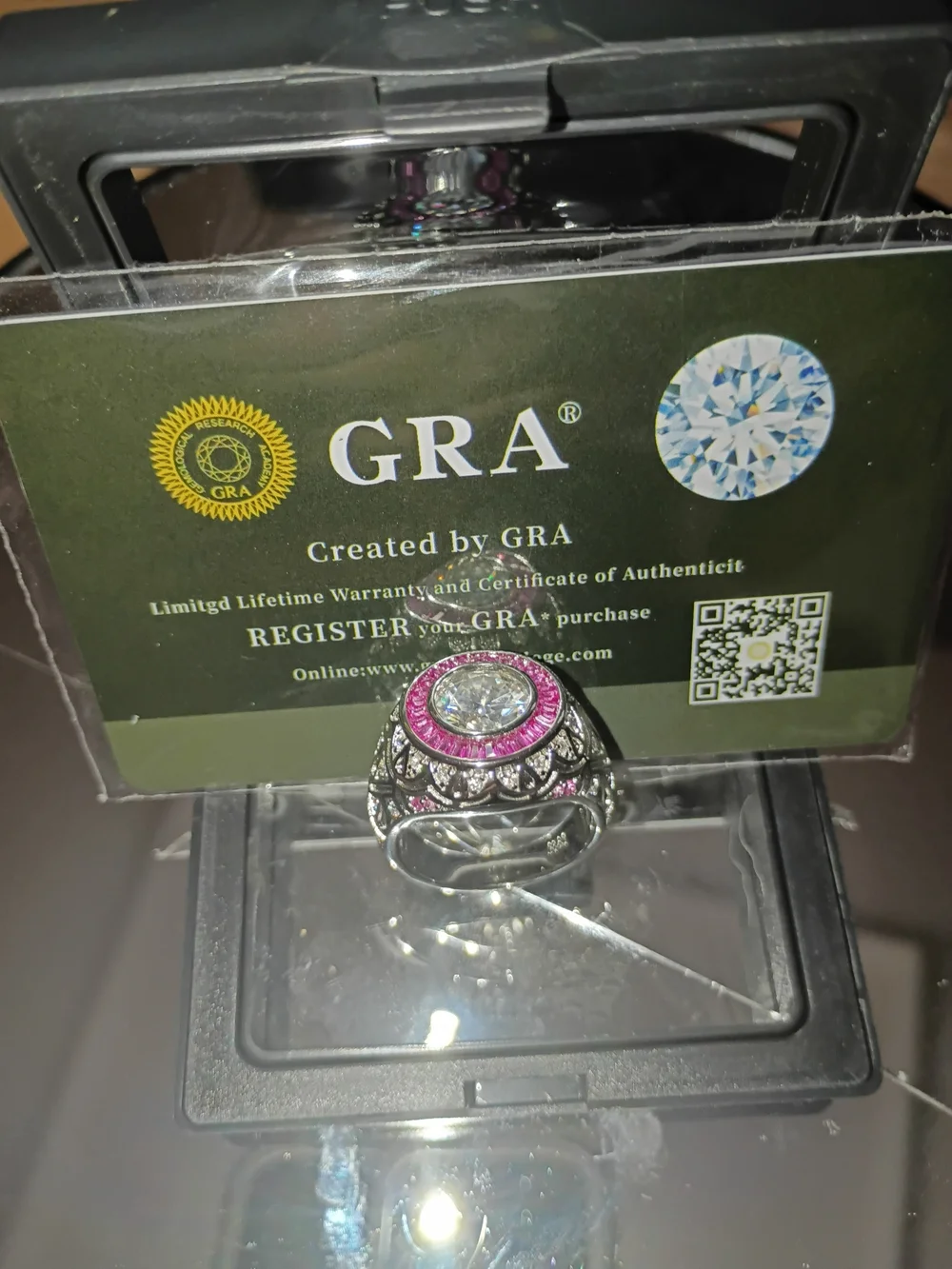 GRA Certified Round Halo Ring with Pink Stones